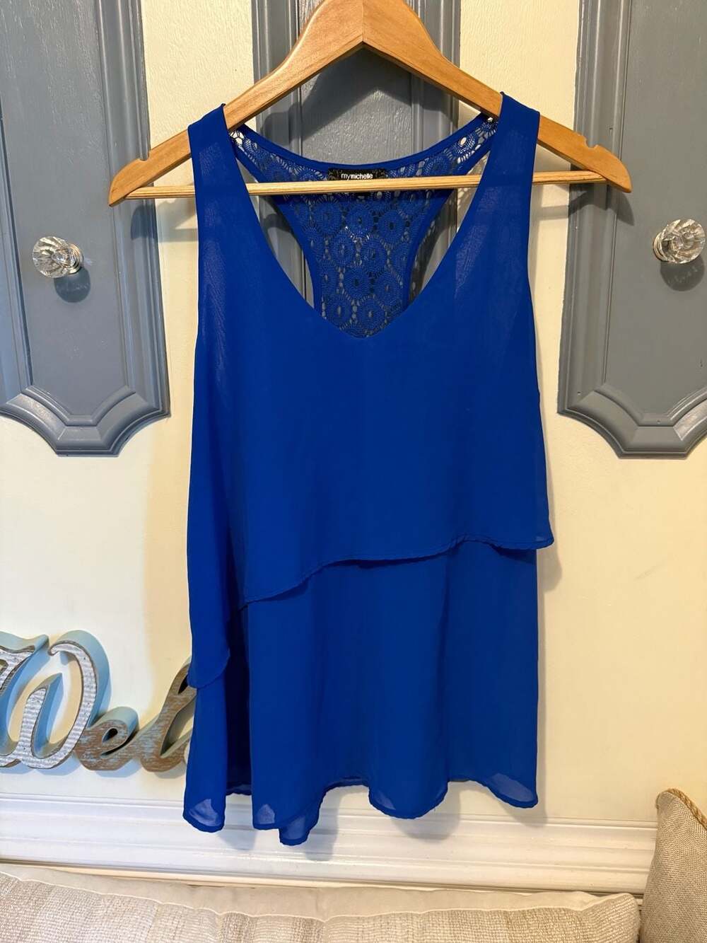 mymichelle Royal Blue Layered Chiffon Tank Top with Lace Racerback